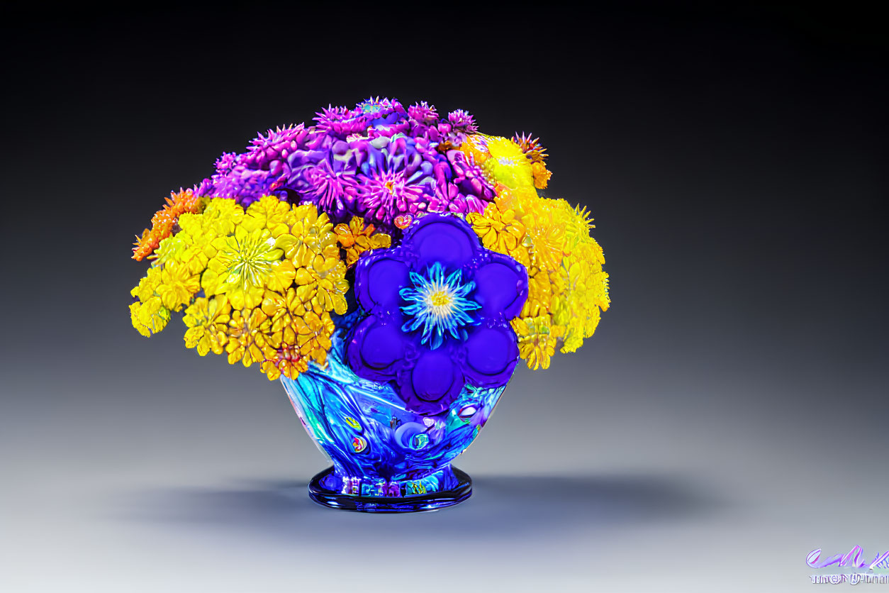 Yellow and Purple Flowers in Blue Glass Vase on Dark Background