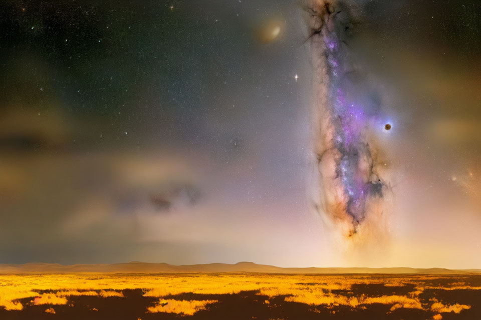 Starry night landscape with vibrant Milky Way over golden-lit plains