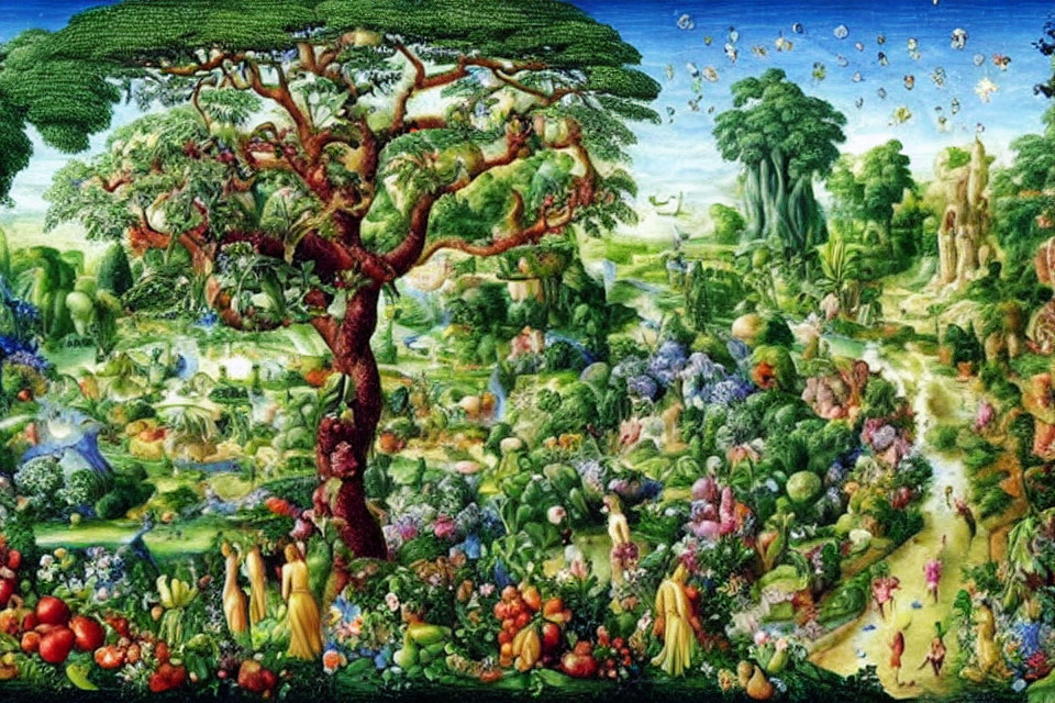 Colorful painting of lush landscape with fruits, vegetables, and plants