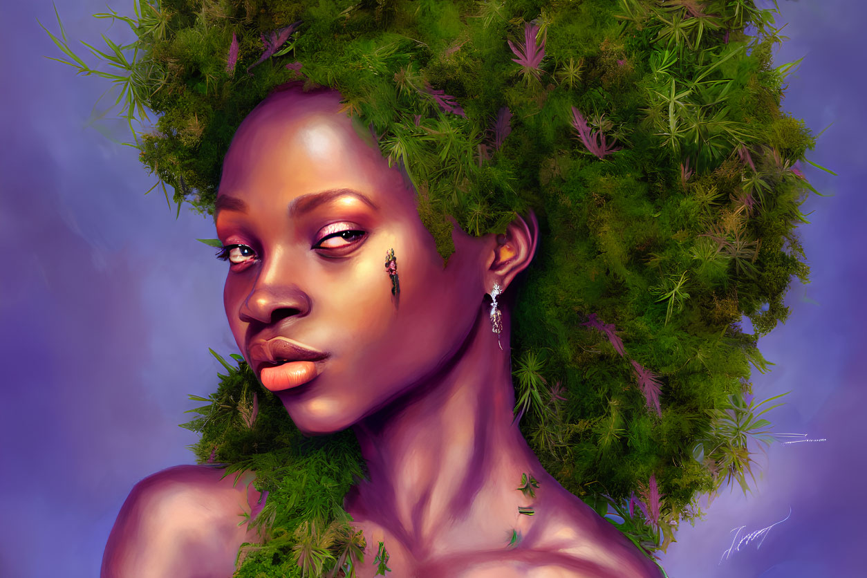 Digital portrait of a woman with lush greenery headdress and purple foliage, gazing serenely