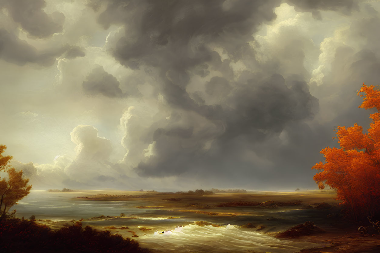 Dramatic landscape with dark clouds, tranquil sea, warm sunlight, and vibrant orange foliage