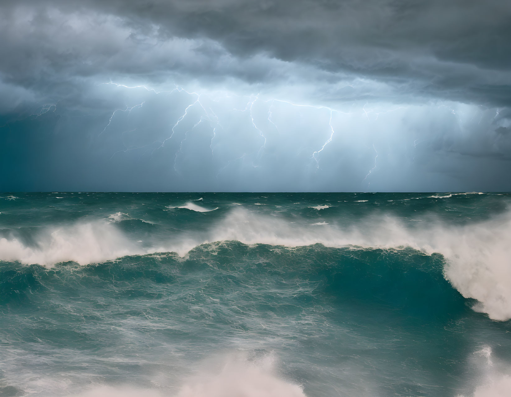 Stormy Ocean Scene with Lightning Bolts in the Sky