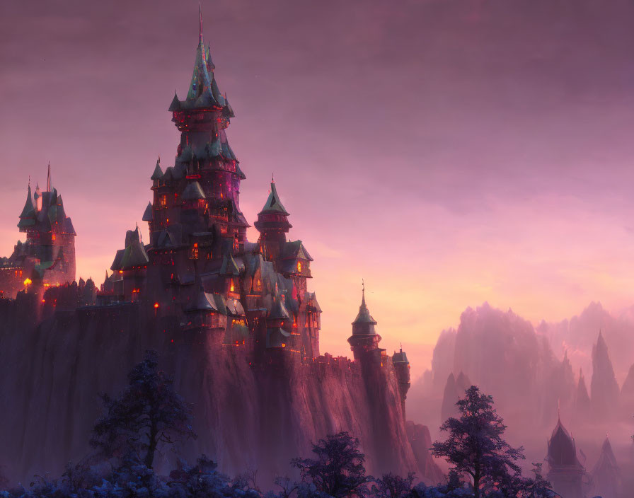 Fantastical castle with spires on cliff under purple twilight sky