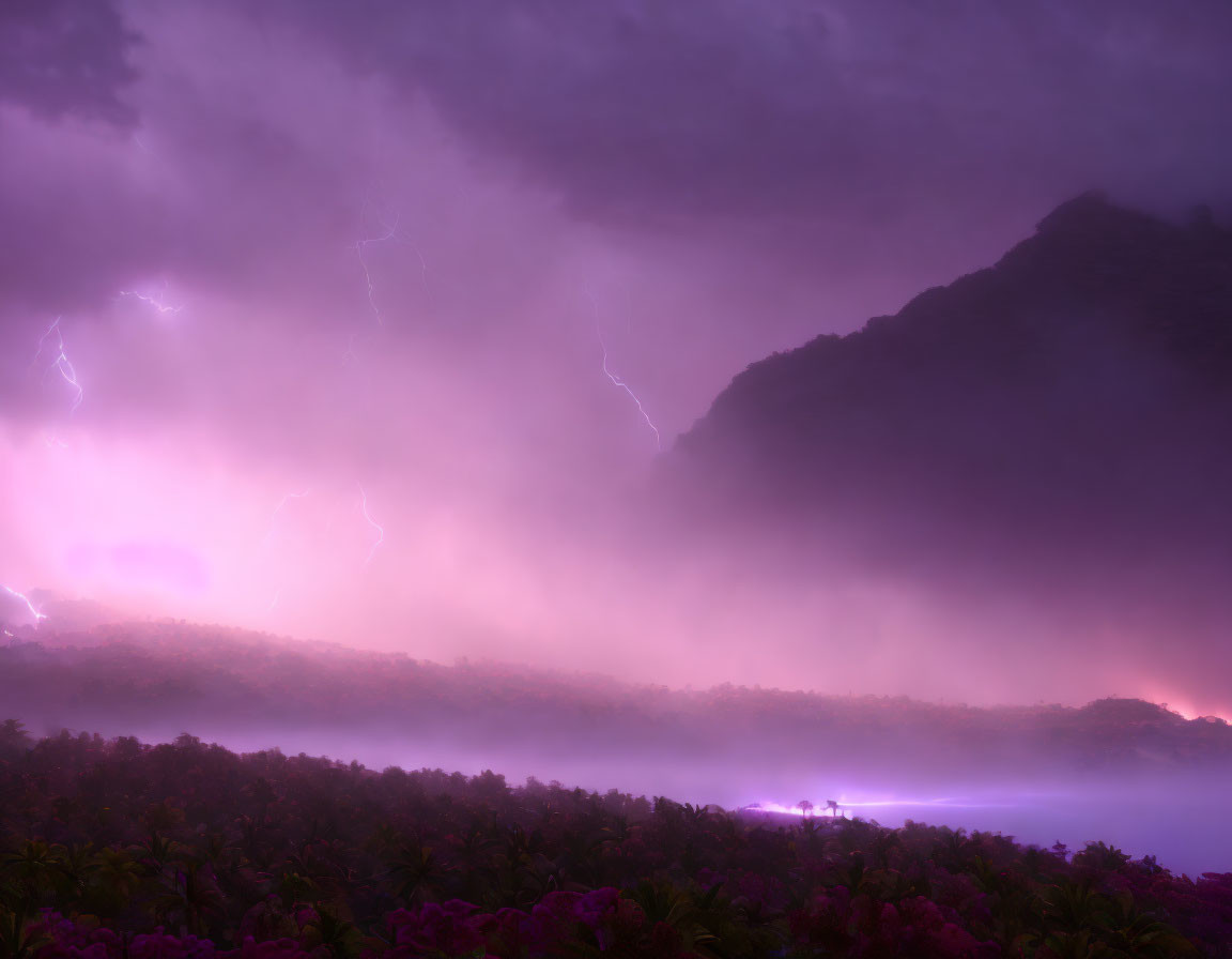 Stormy Purple Sky with Lightning Strikes Over Mountain Landscape