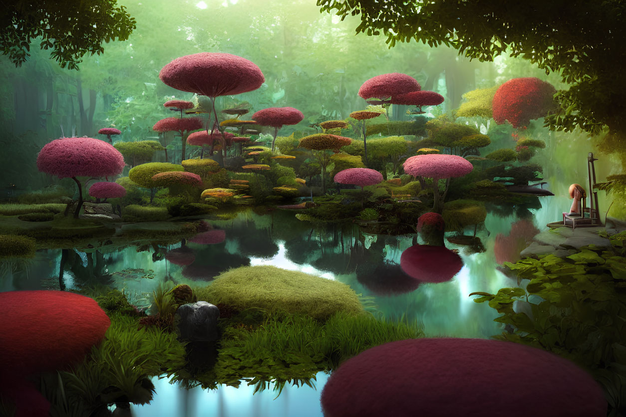 Fantasy landscape with pink and green foliage, mushroom trees, and reflective pond