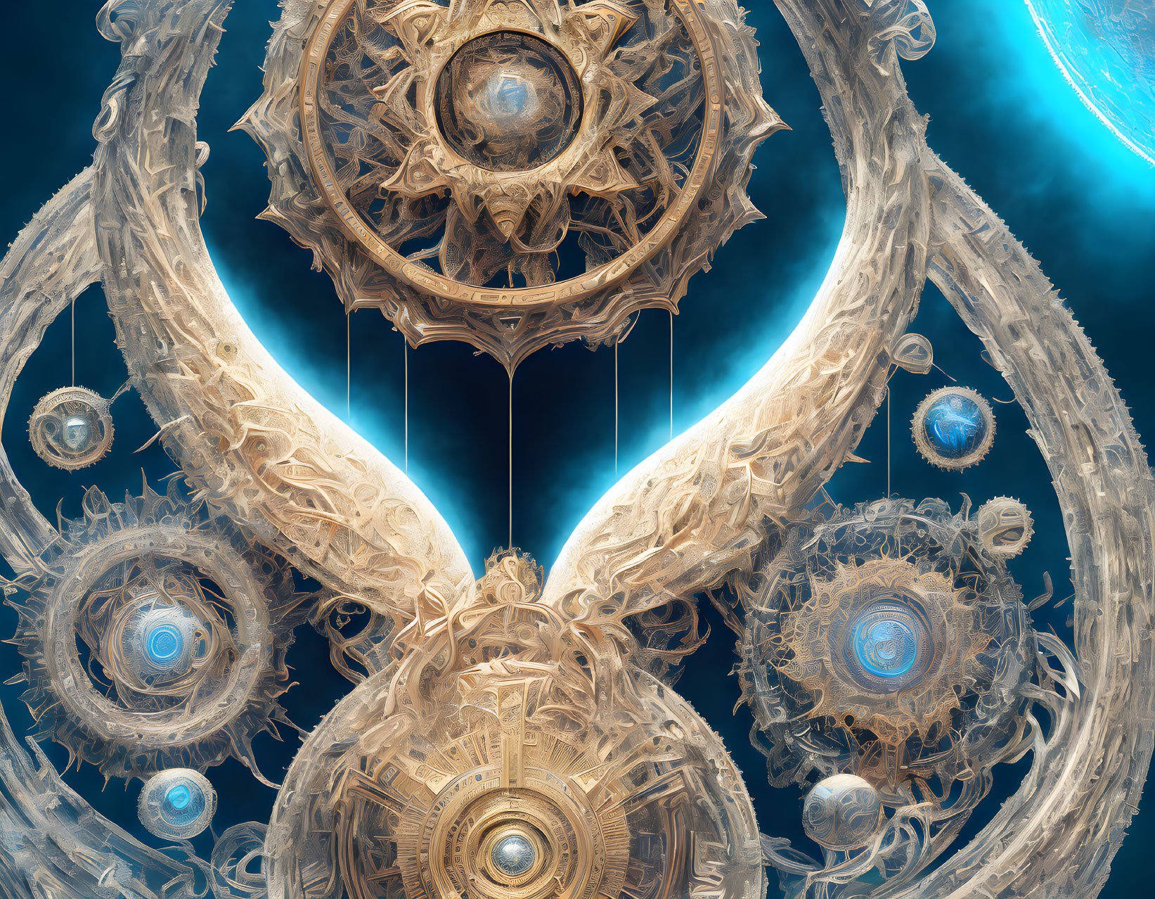 Intricate futuristic mechanism with golden gears and blue energy sources