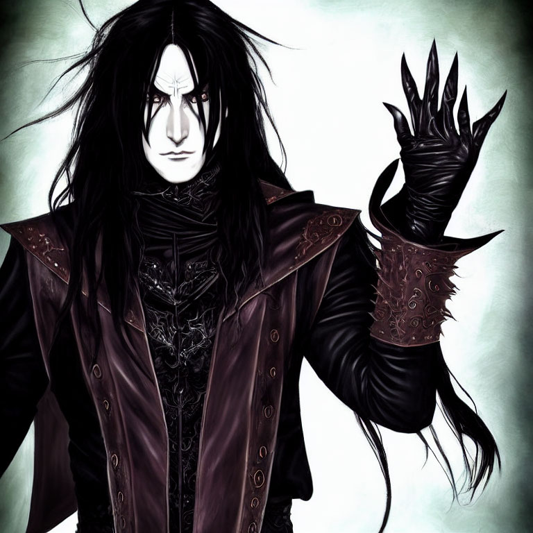 Gothic figure with long black hair and mystical symbol on forehead