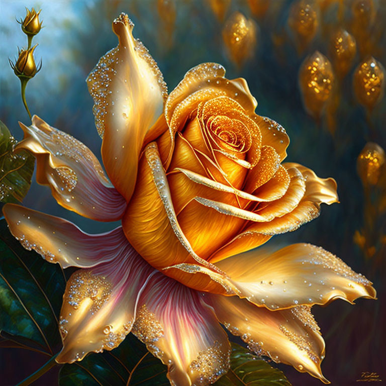 Golden rose with dew drops in mystical blue glow & glowing buds.