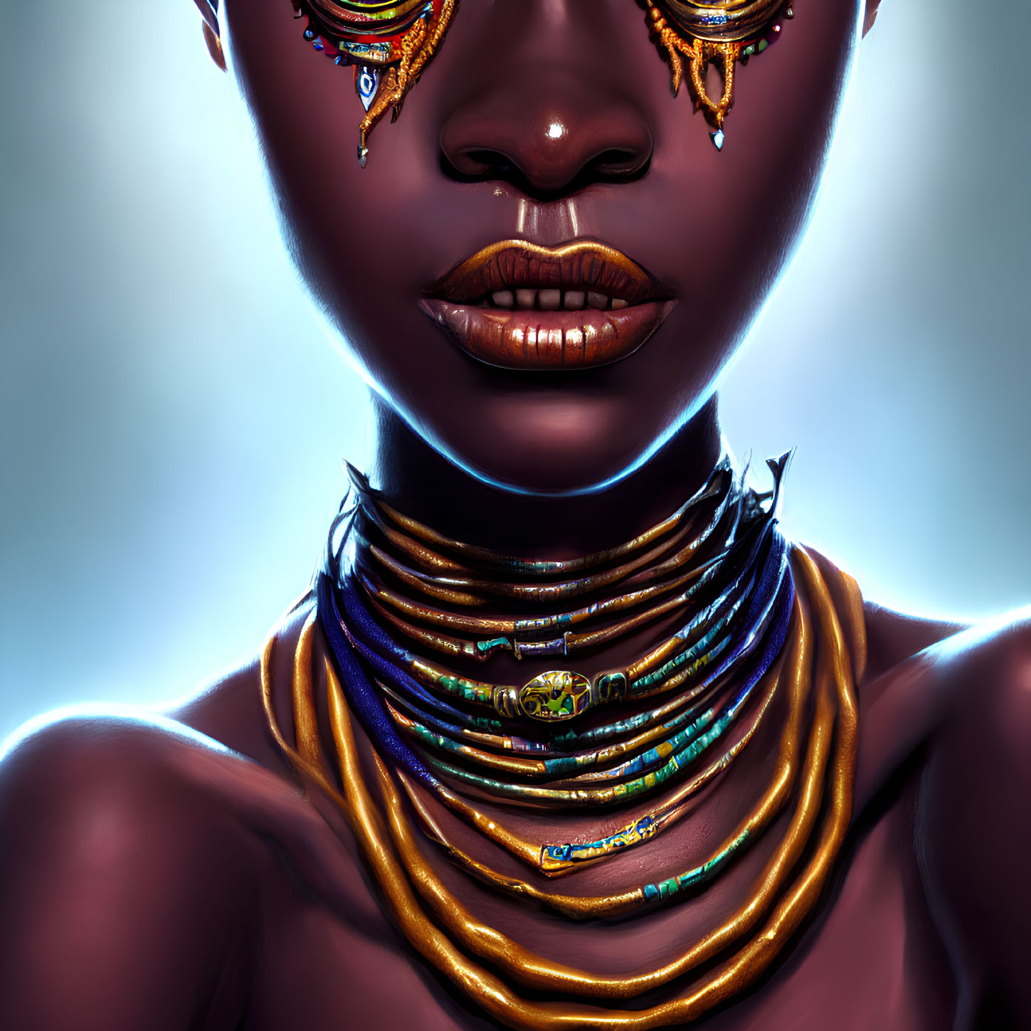 Digital portrait of woman with golden jewelry and neck rings against muted background