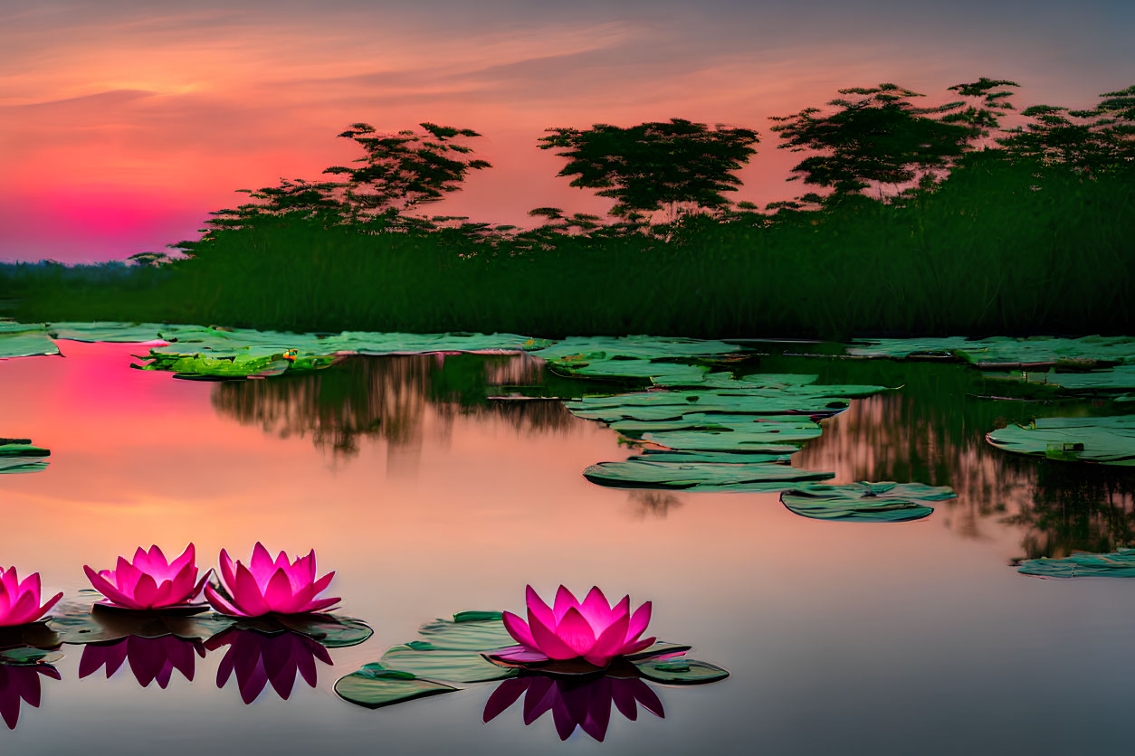 Tranquil lake with vivid pink lotus flowers blooming