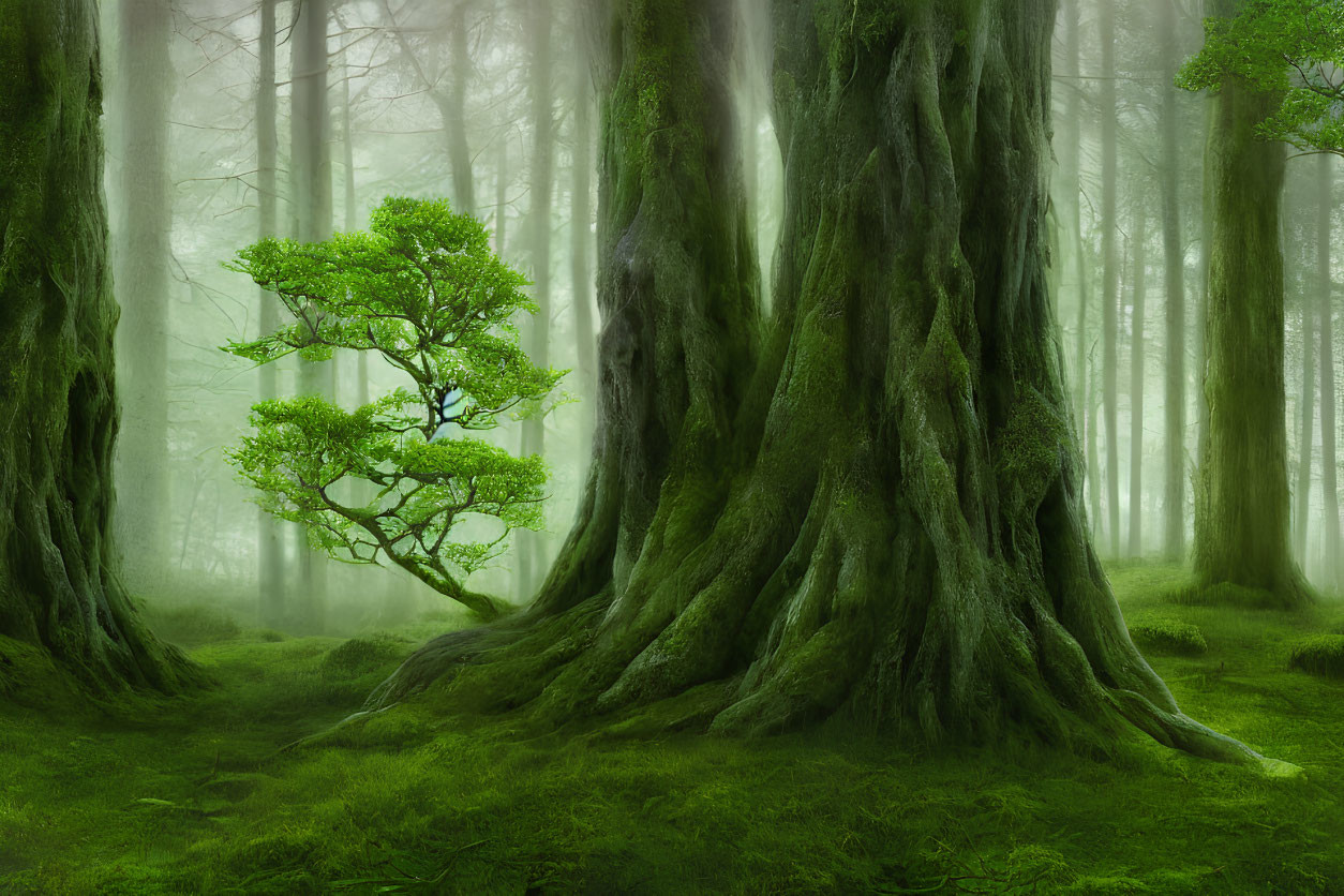 Mystical Green Forest with Moss-Covered Trees and Fog