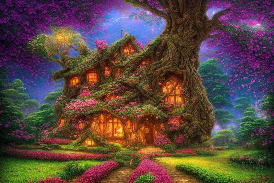 Enchanting tree-integrated cottage in magical twilight scene