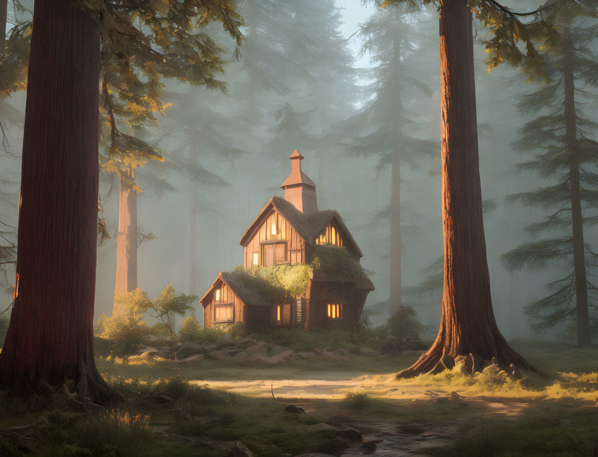 Cozy cottage surrounded by redwood trees in morning light