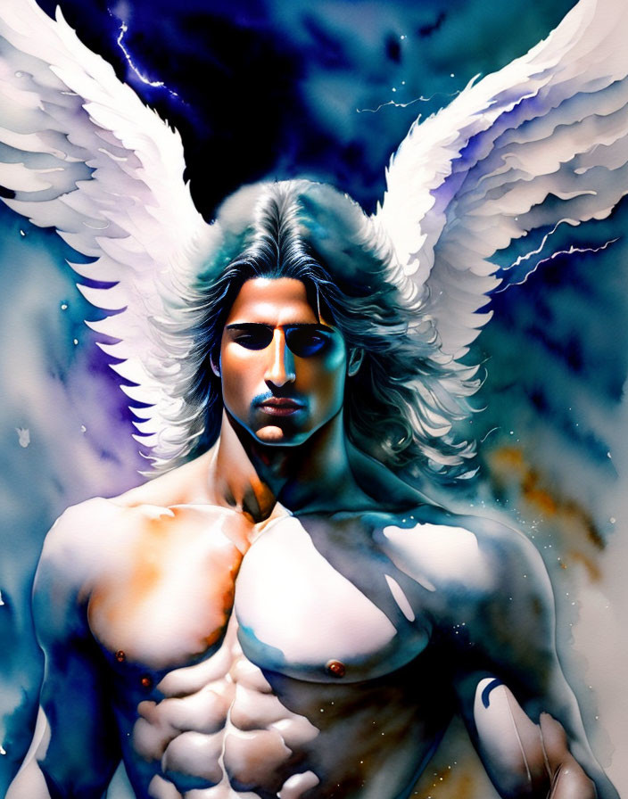 Male angel with large wings and intense eyes on ethereal background