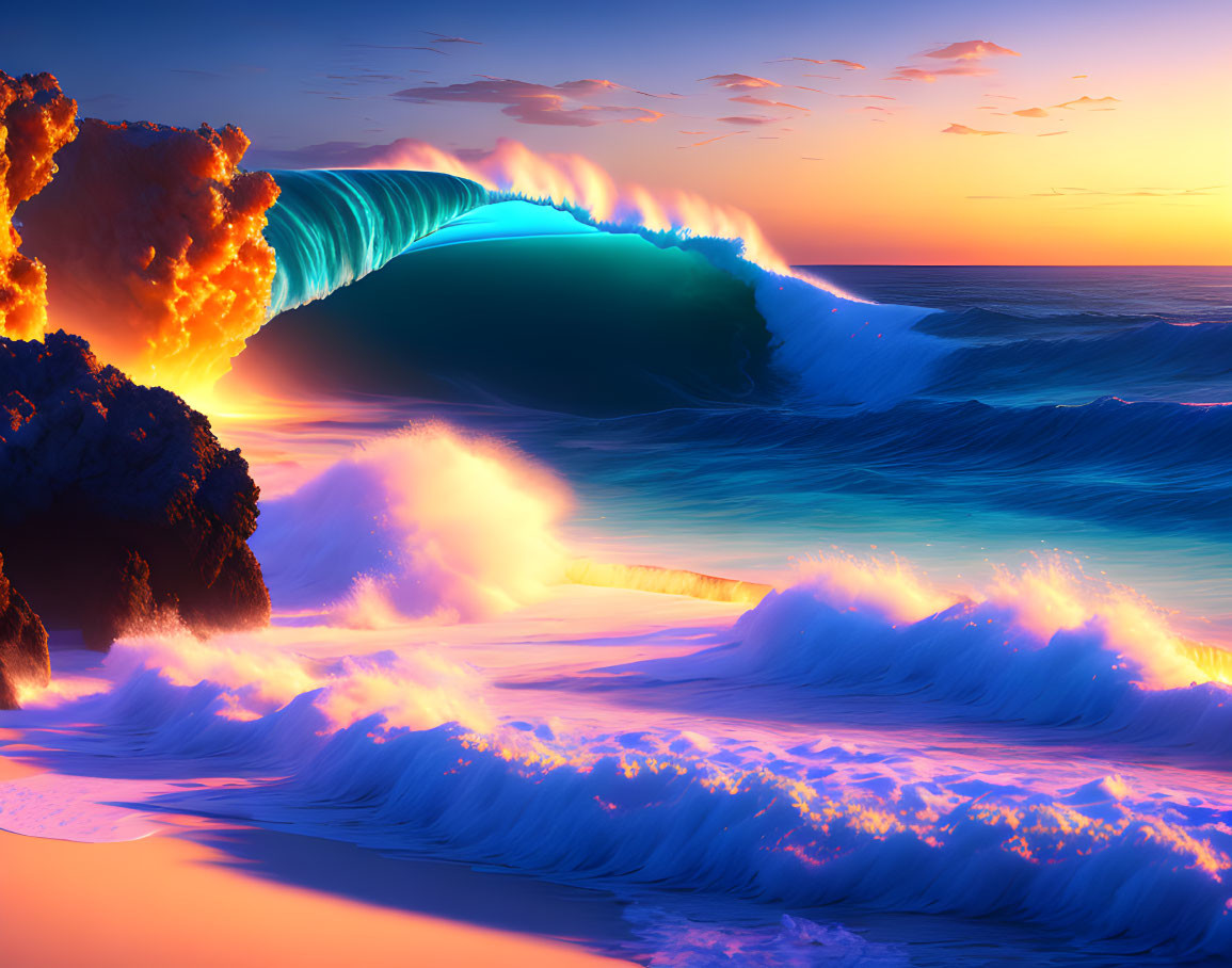 Vivid surreal seascape with fiery orange sky and luminous blue wave