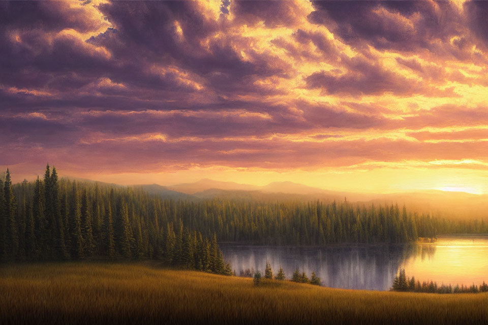 Tranquil sunset landscape with lake, pine trees, and golden sky