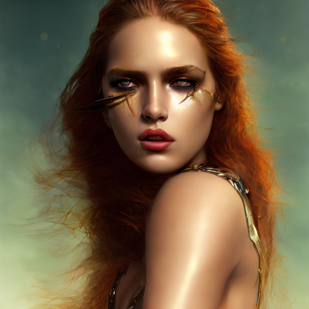 Portrait of Woman with Red Hair and Dramatic Eye Makeup