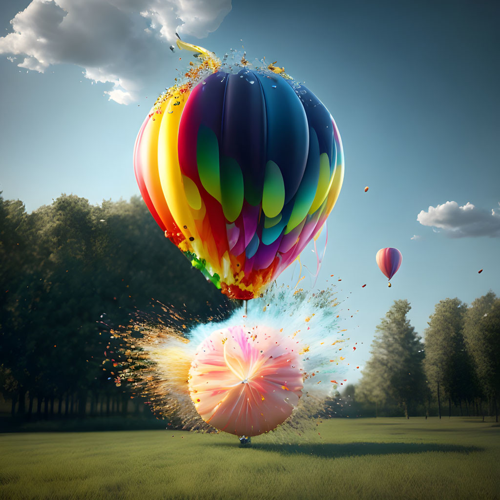 Colorful hot air balloon transforms in mid-air above grassy field