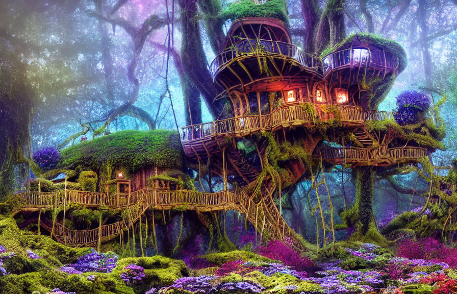 Enchanted forest scene with fantasy treehouse and vibrant purple flora