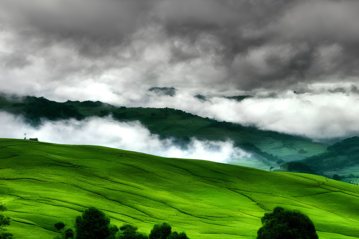 Lush Rolling Hills Under Moody Sky