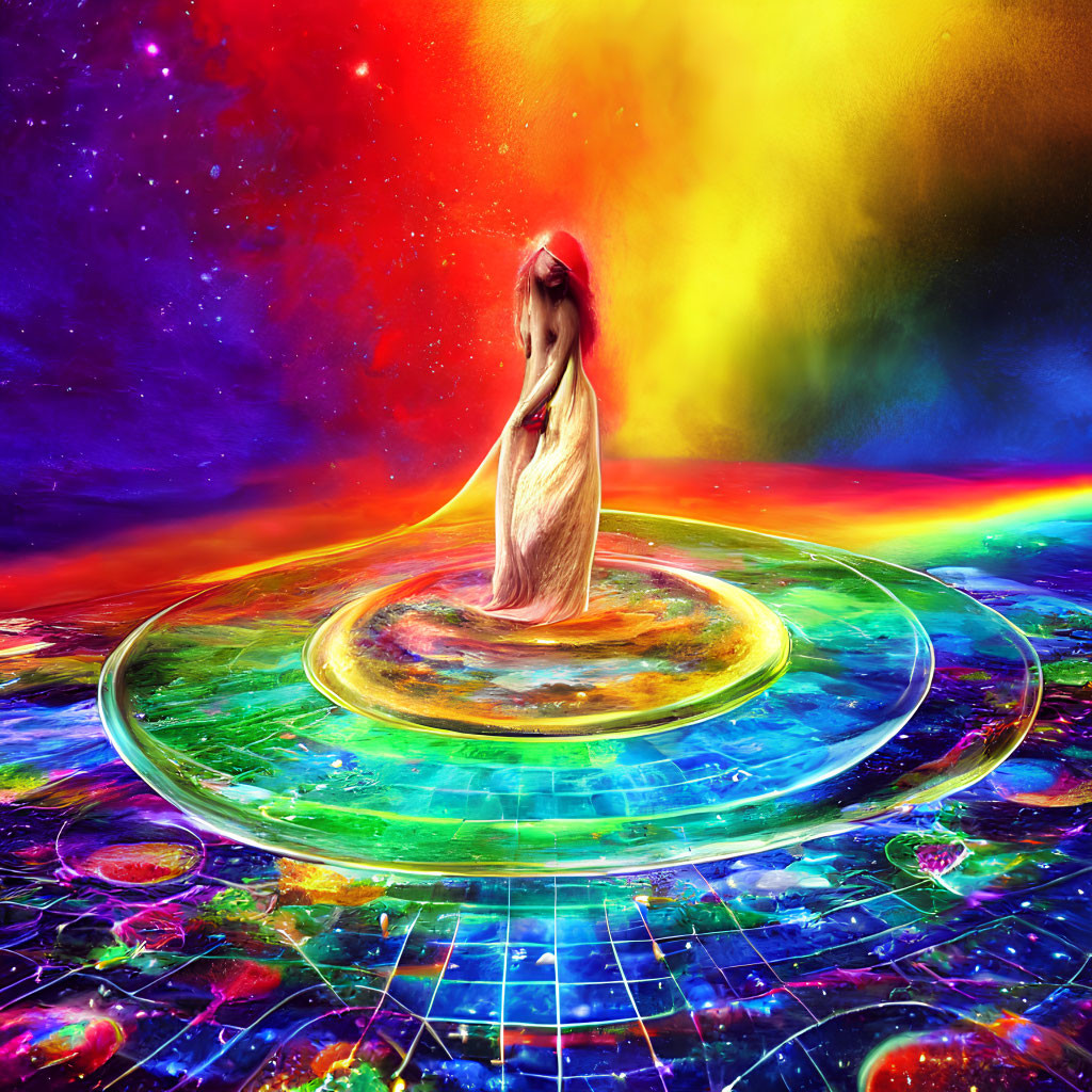 Woman in flowing white dress surrounded by vibrant cosmic swirl.