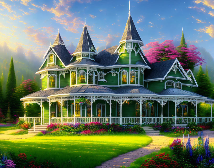 Victorian-style Green House in Lush Garden with Pointed Roofs