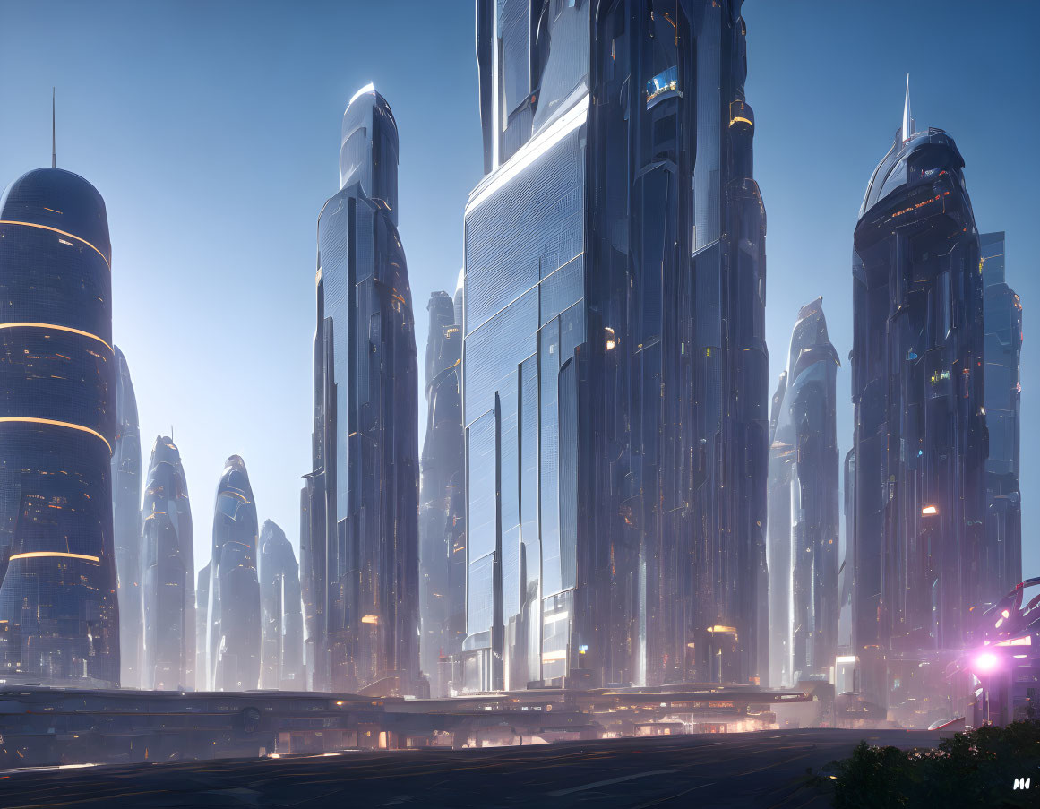 Futuristic cityscape with towering skyscrapers in blue hues