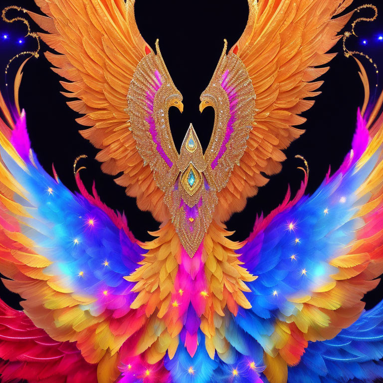 Symmetrical wing design with colorful spectrum and gold patterns