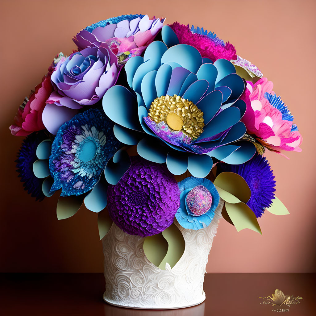 Colorful Paper Flowers Bouquet in White Vase on Brown Background