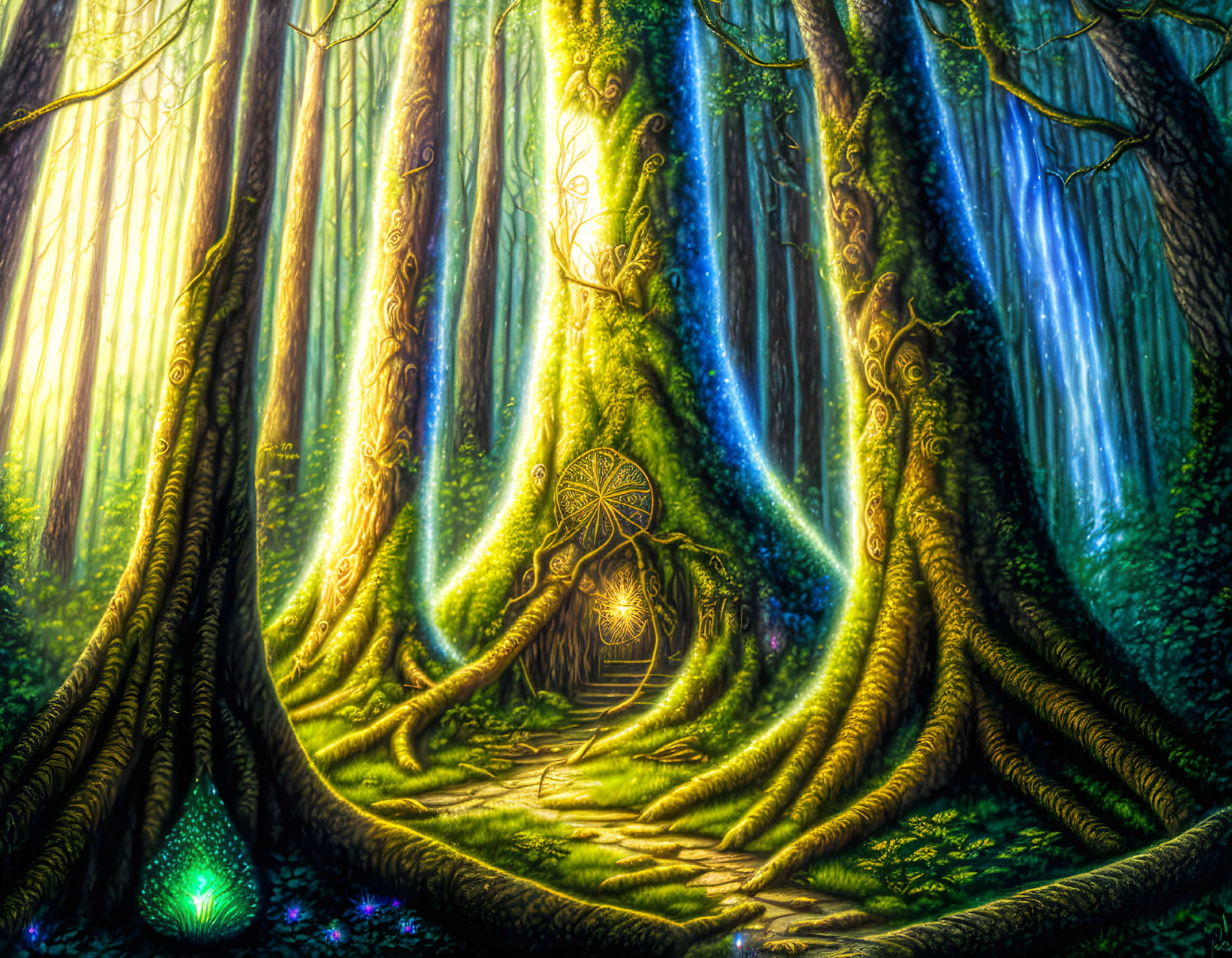 Mystical forest with towering trees, glowing doorway, and sunlight-pierced canopy