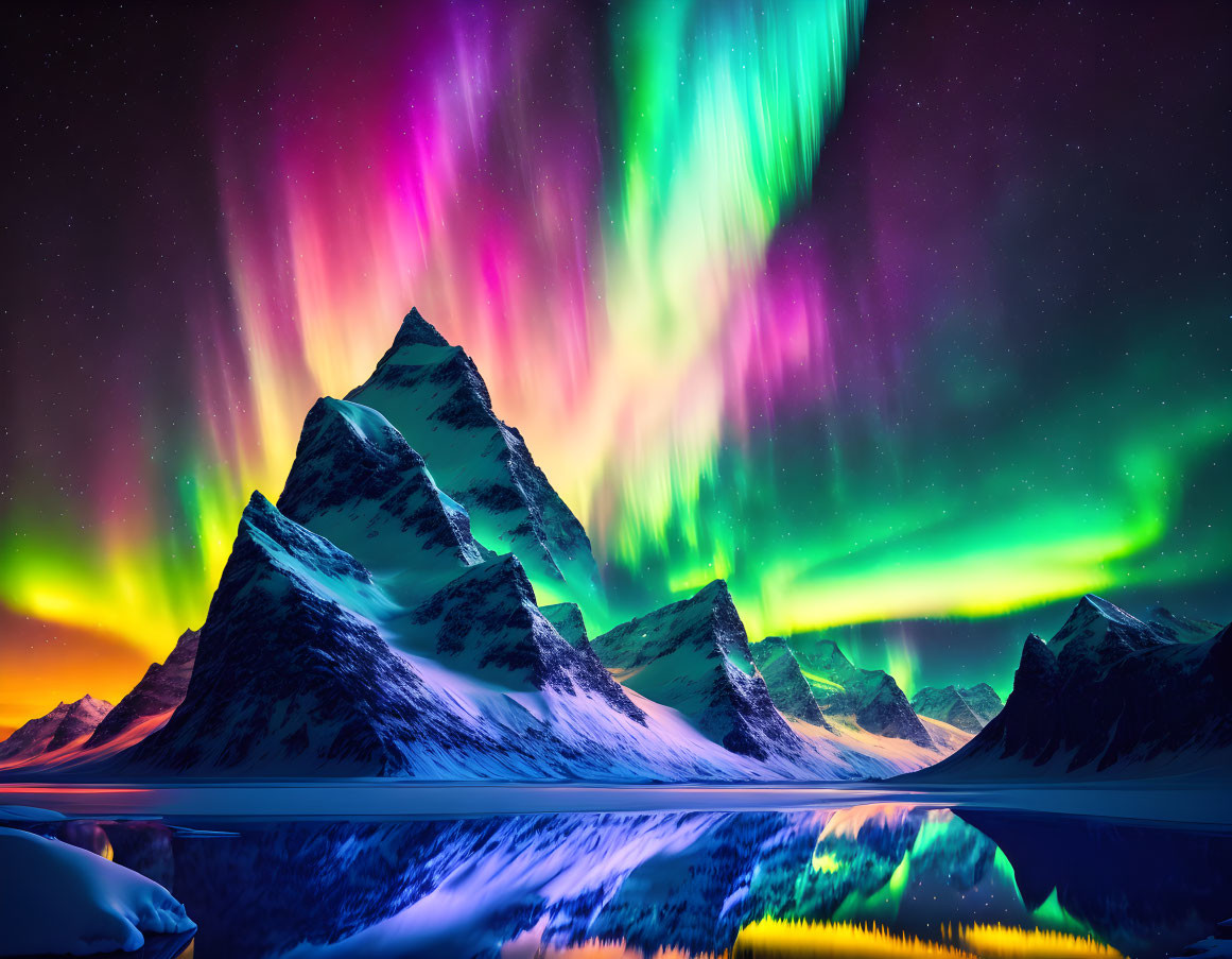 Colorful Aurora Borealis over Snowy Mountain Peaks and Lake