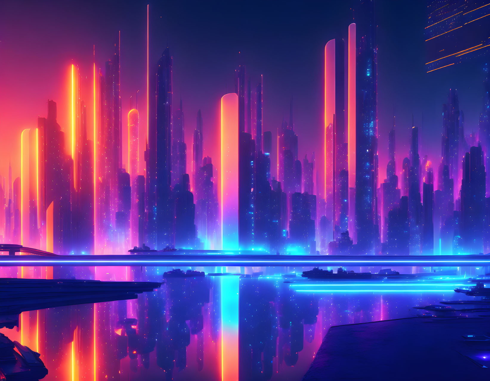 Vivid neon-lit futuristic cityscape with towering skyscrapers and reflective water surfaces