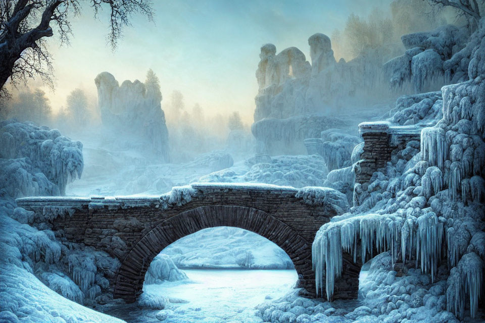 Snow-covered stone bridge over frozen river in serene winter landscape