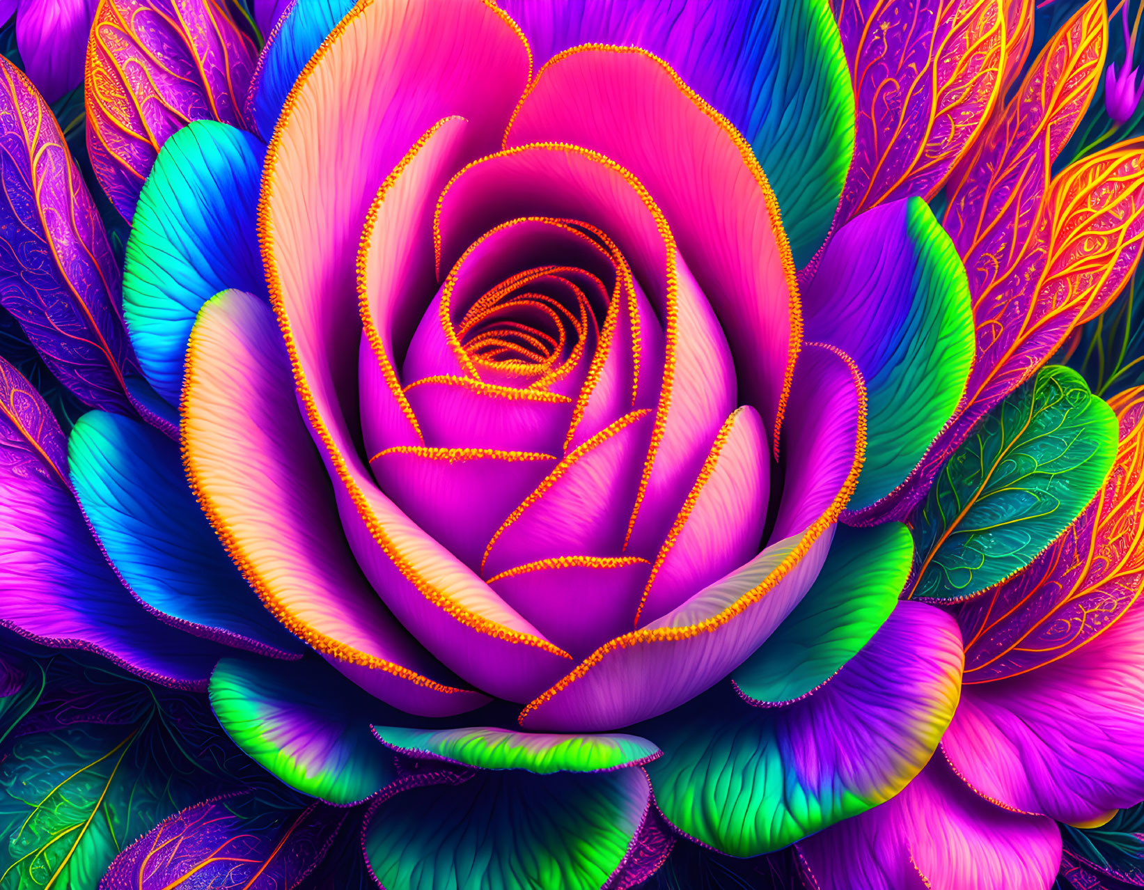 Multicolored digital artwork of a vibrant rose with detailed, feather-like petals