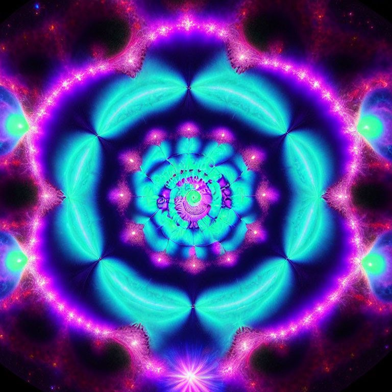 Symmetrical purple, blue, and pink fractal with glowing accents