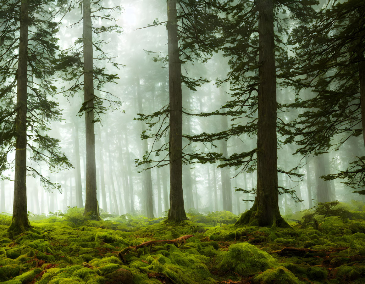 Tranquil forest landscape with tall trees and lush green moss.