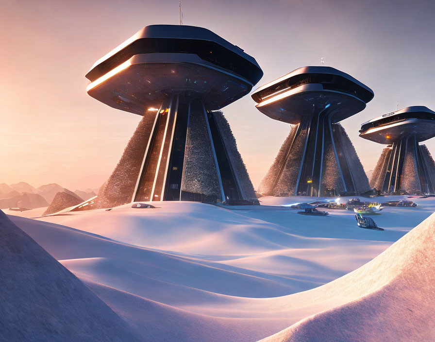 Sleek futuristic towers in snowy landscape under warm sky