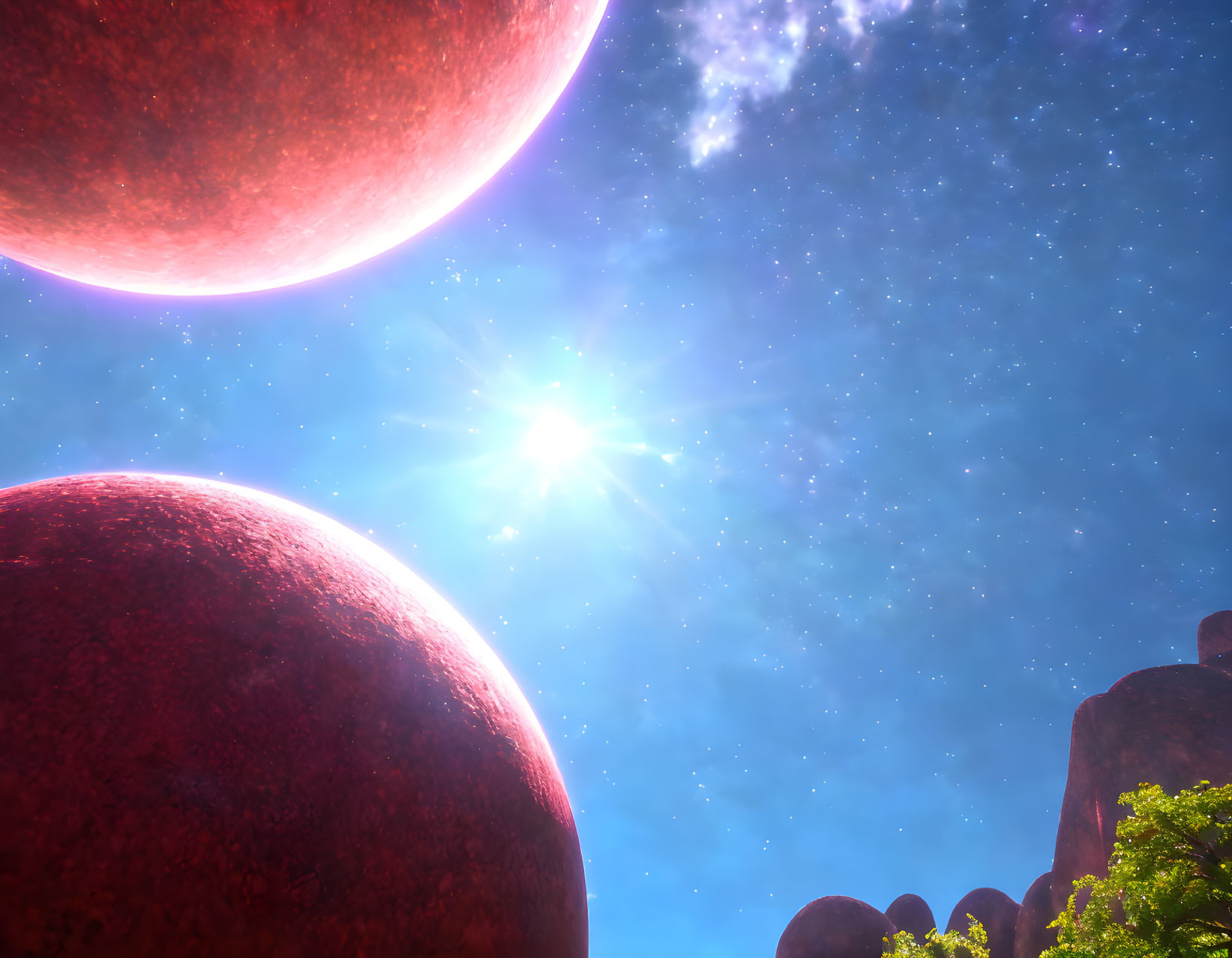 Bright sun, red planets, stars, and green foliage in vivid space scene