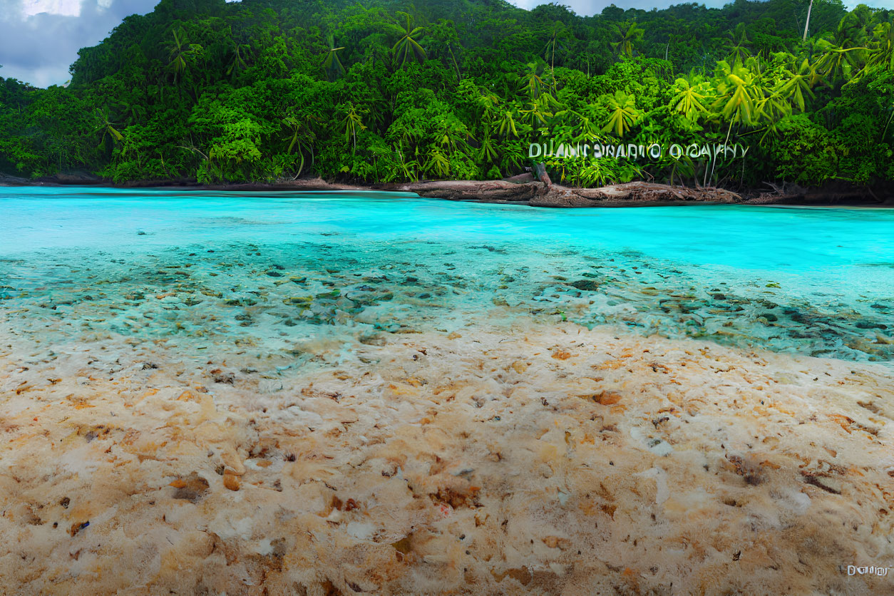 Scenic Beach with Crystal Clear Shallow Waters and Tropical Forest