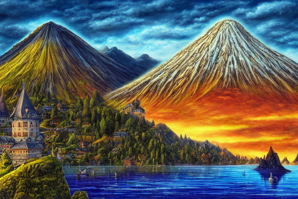 Scenic painting of lakeside village with volcanoes under dramatic sunset