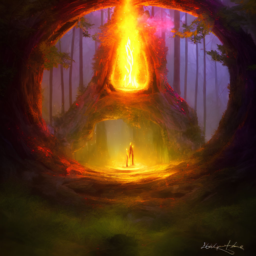 Mystical forest scene with glowing tree portal and lone silhouette.