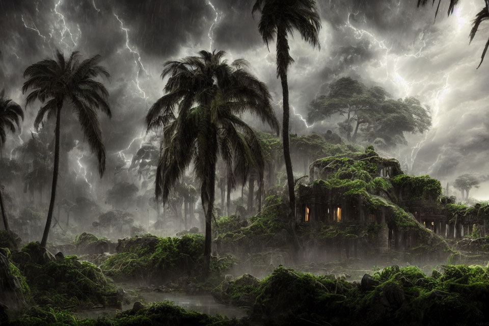 Mystical jungle with ancient ruins and stormy sky scenery