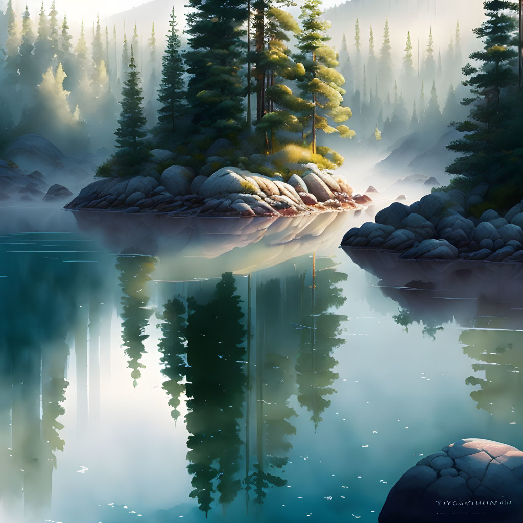 Tranquil lake scene with pine trees, rocky island, and misty morning light