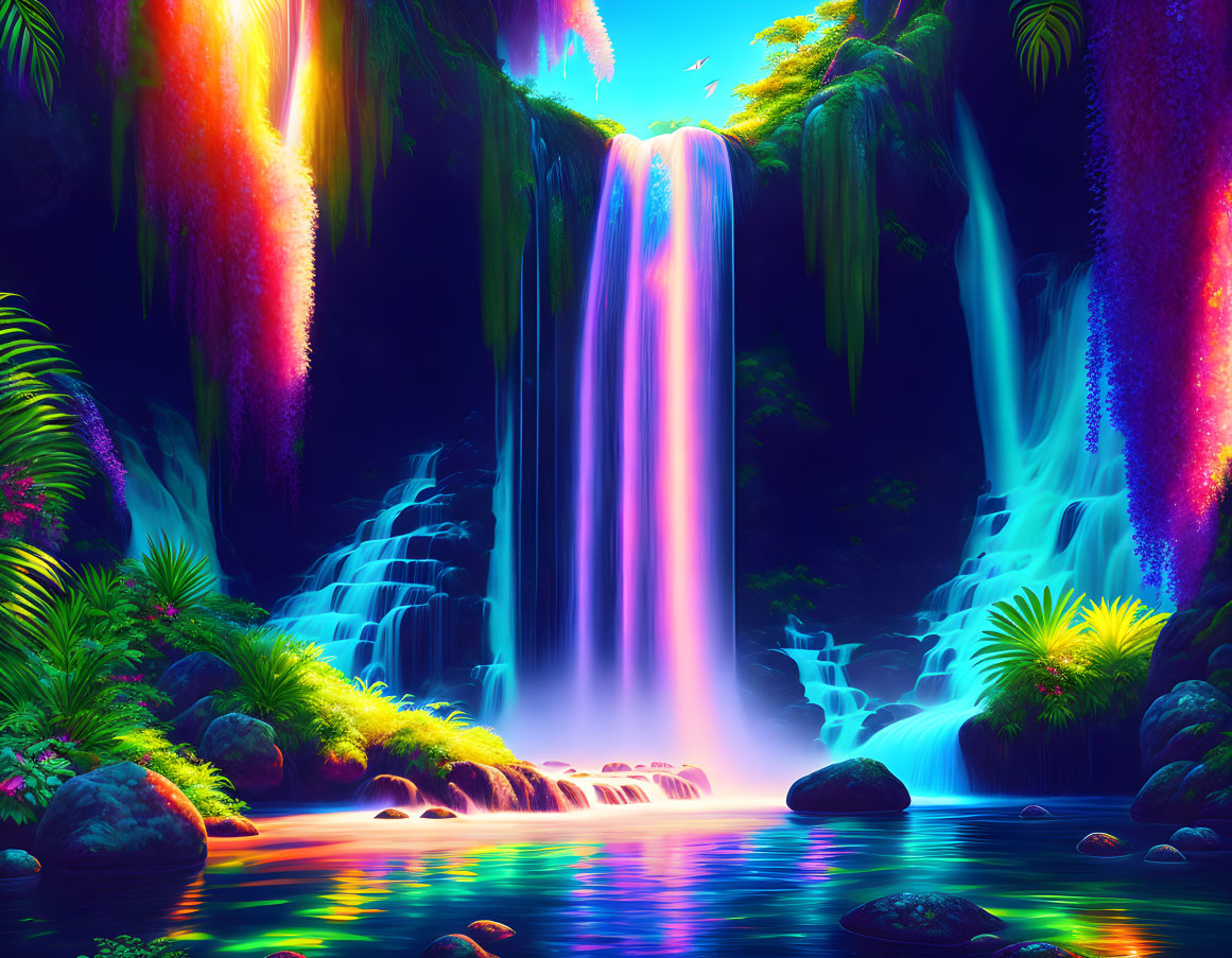 Neon-lit waterfall cascading into tranquil pool at twilight