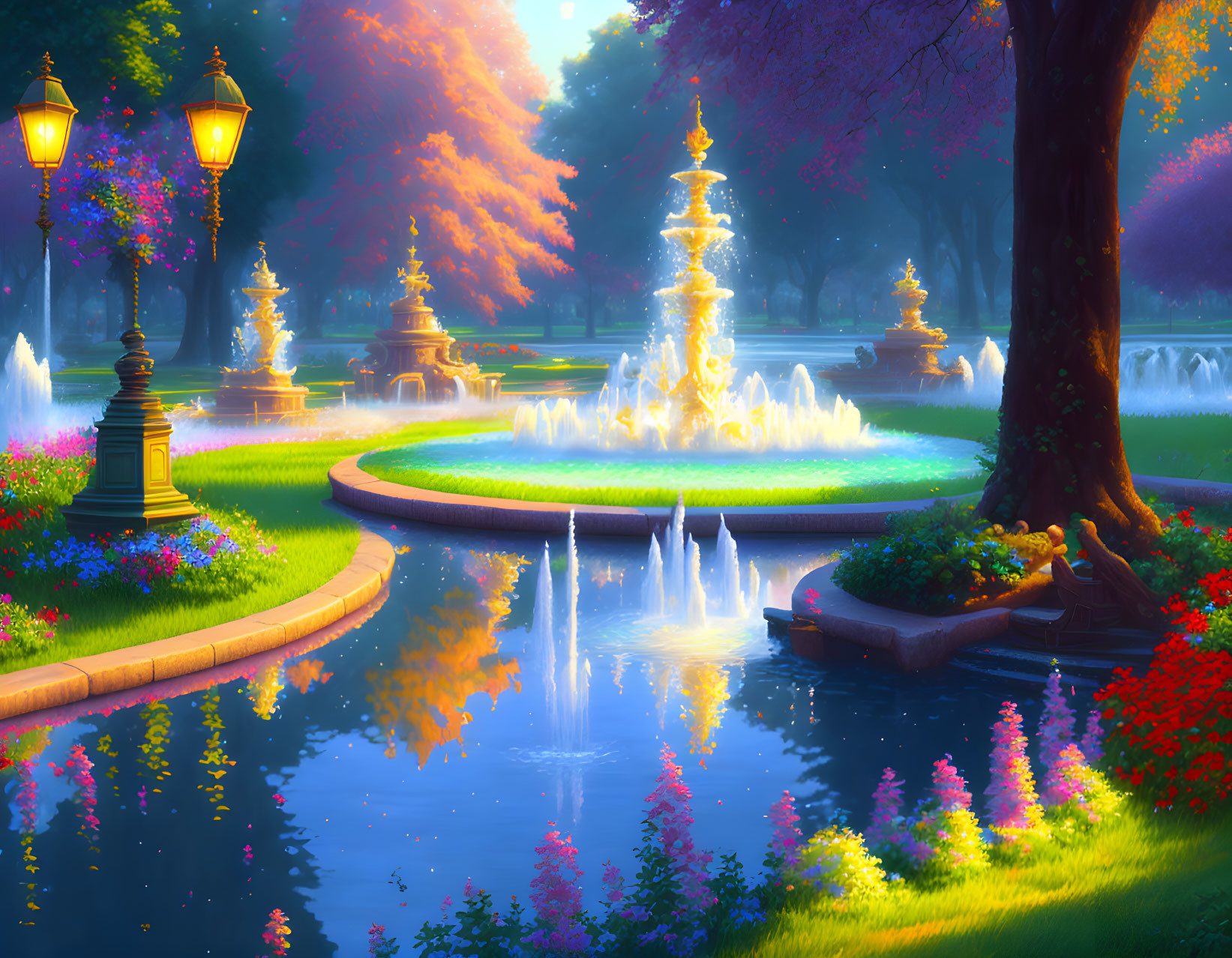 Luminous park with vibrant trees, fountains, pond, colorful flowers