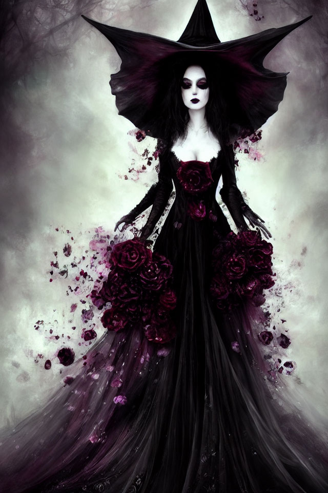 Gothic figure in dark dress with red roses against misty backdrop