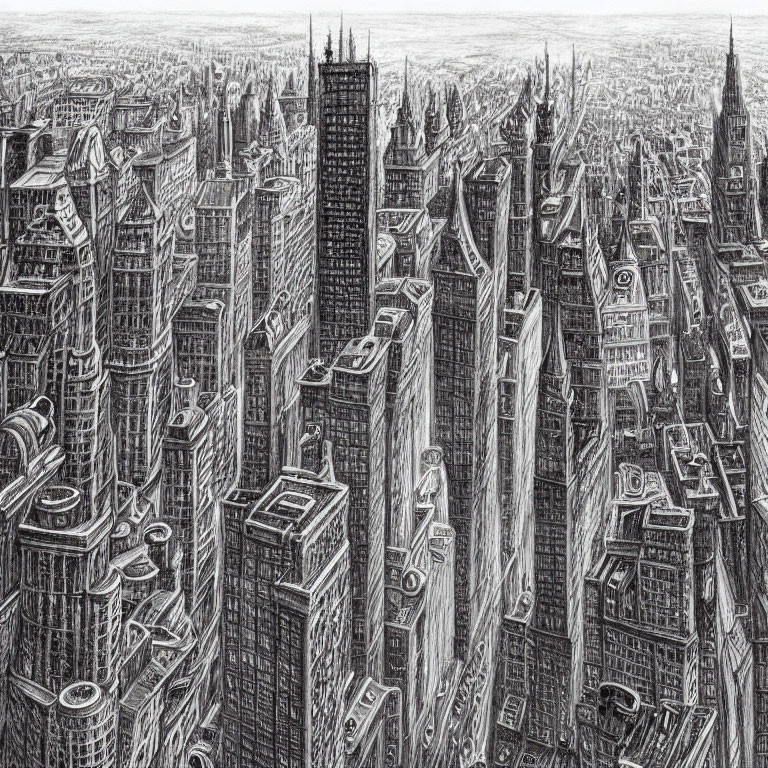 Detailed black and white cityscape sketch with diverse skyscrapers and buildings.