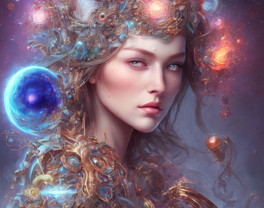 Fantasy Artwork: Woman in Cosmic Headgear and Golden Armor Against Nebula Backdrop