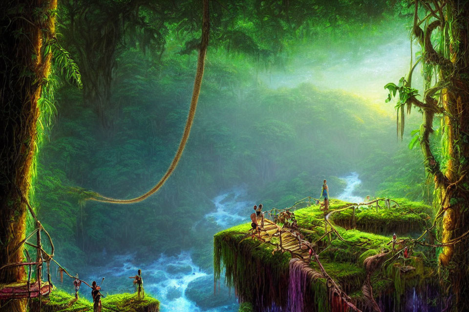 Vibrant jungle scene with people on cliff edge overlooking waterfalls