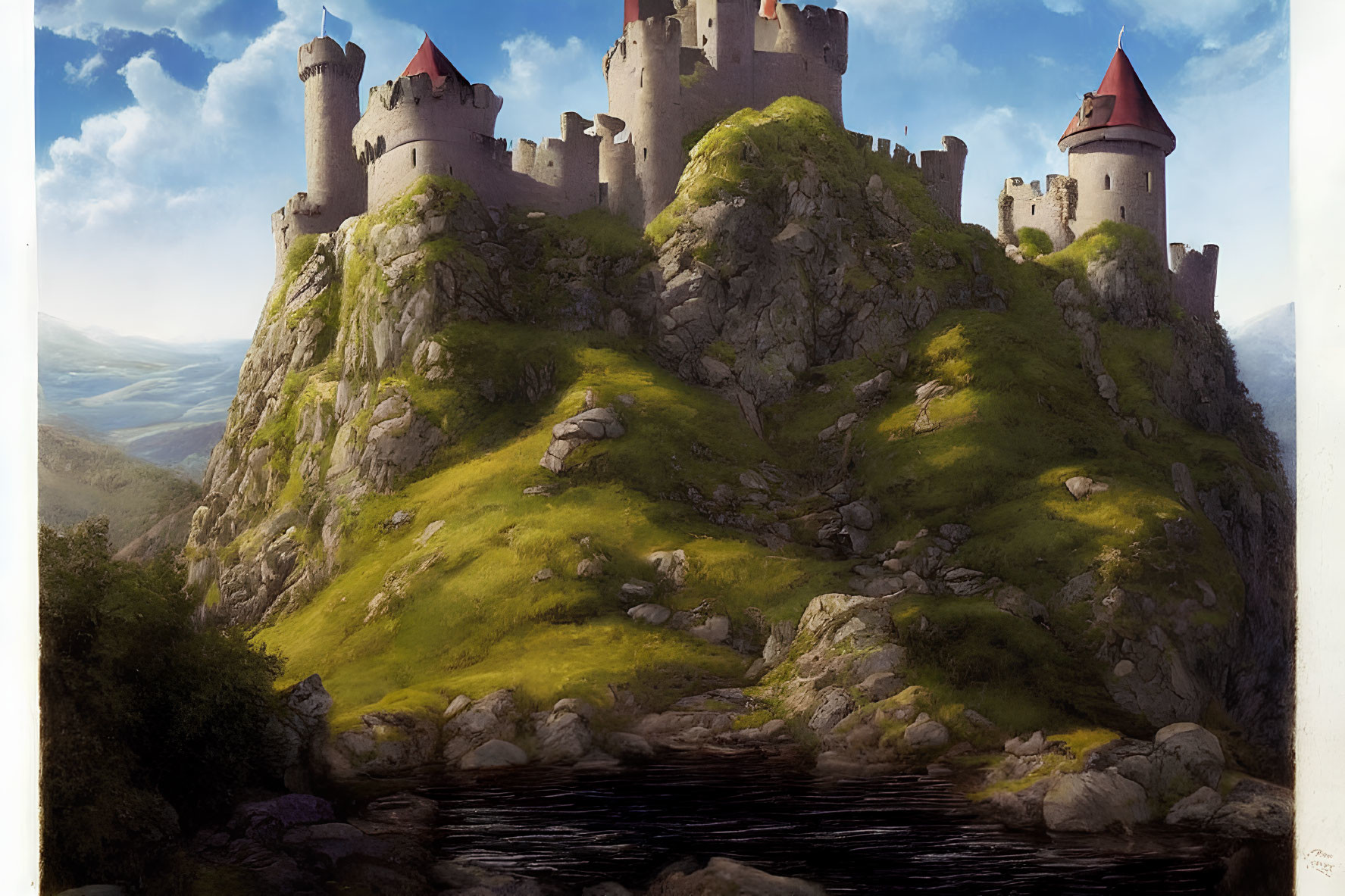 Castle with Multiple Towers on Rocky Hill Overlooking Water Body